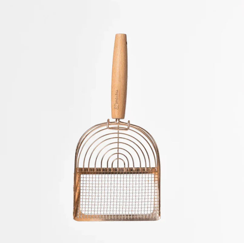 Stainless Steel Cat Litter Scoop Michu - 2 Styles with wooden handle and rose gold finish.