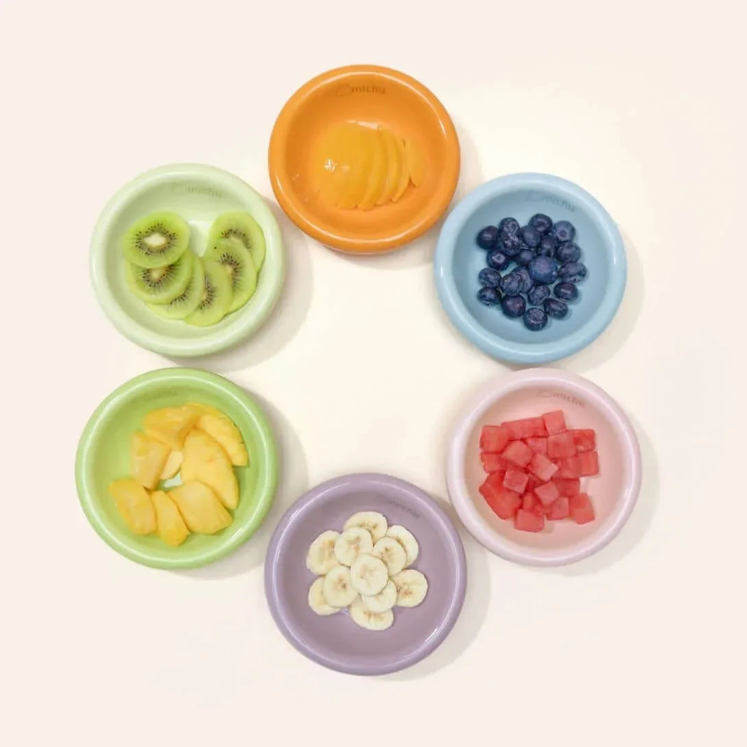 Colorful silicone pet bowls with fresh fruit slices for cats and dogs, perfect for healthy treats and feeding.