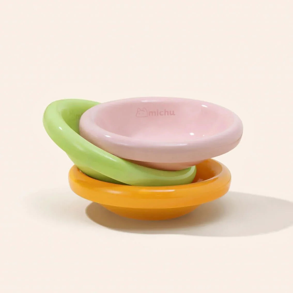 Michu Wide and Shallow Ceramic Pet Bowl in pastel colors stacked for stylish and comfortable mealtimes.