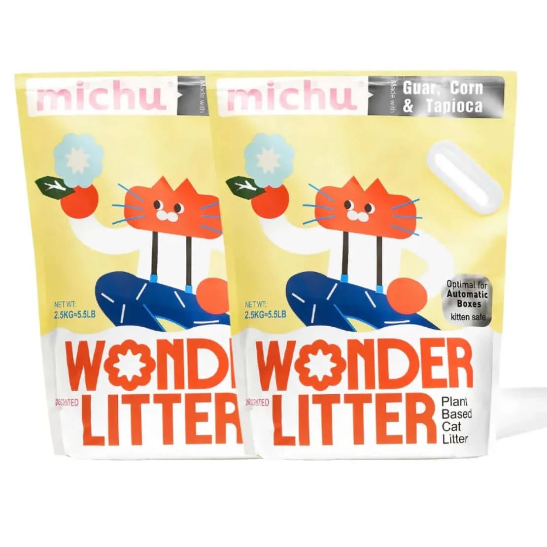 Michu Wonder Litter - Automatic Litter Box Solution 2.5kg/6L, plant-based cat litter packaging with vibrant design.