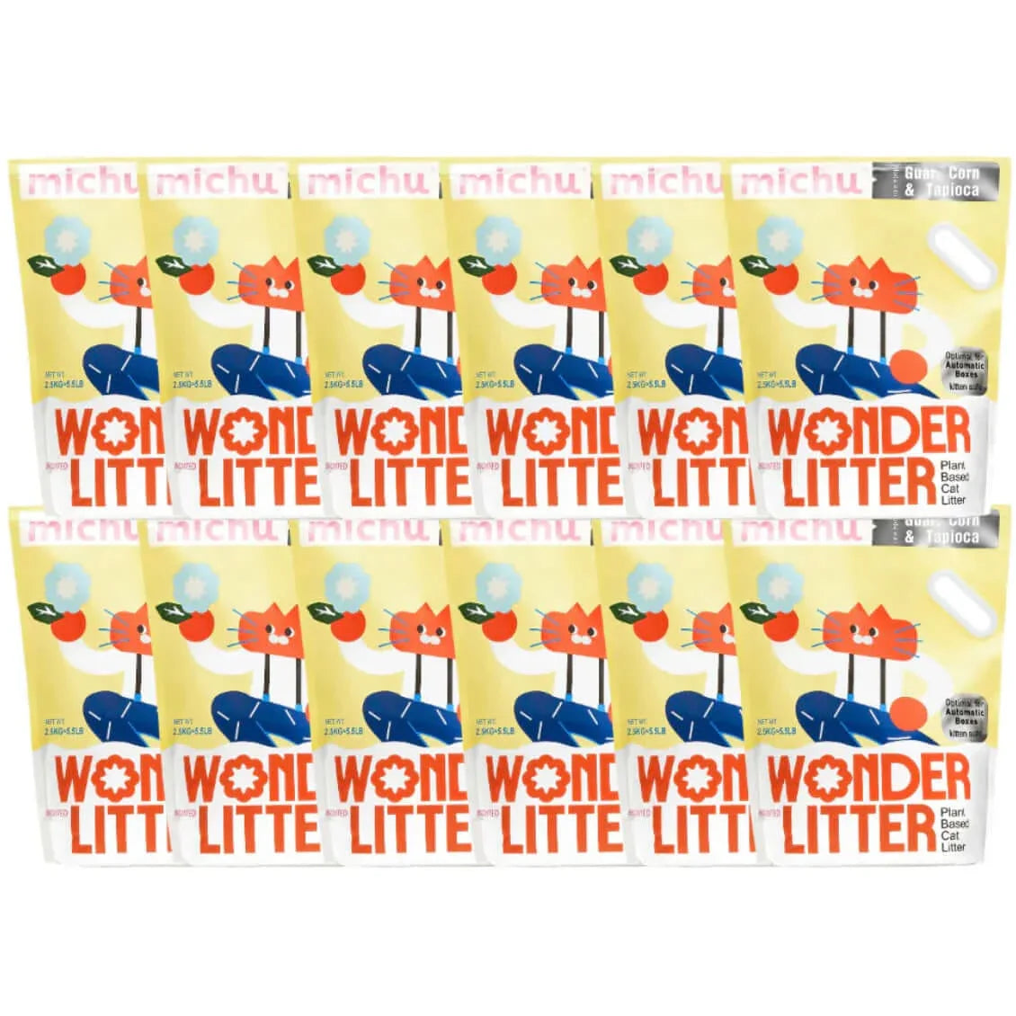 Michu Wonder Litter - Automatic Litter Box Solution 2.5kg/6L pack display with colorful design and branding.