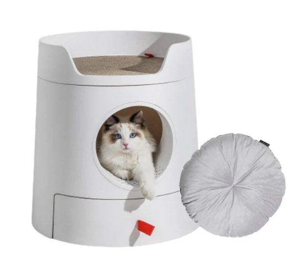 Michu XL Semi Closed Cat Litter Box with Scratch Pad featuring a stylish design and a cozy cat lounging inside.
