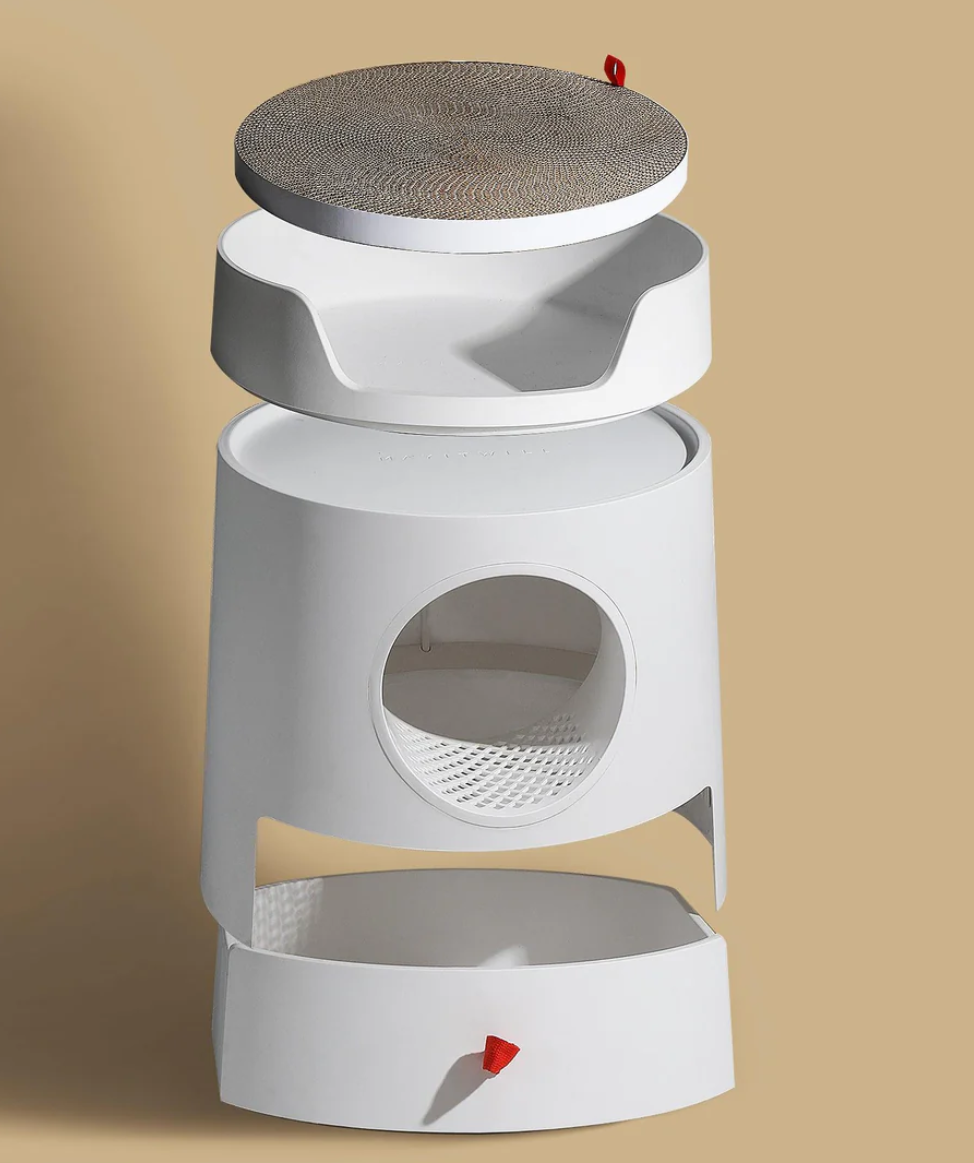 Michu XL Semi Closed Cat Litter Box with Scratch Pad in an exploded view, showcasing its functional design.