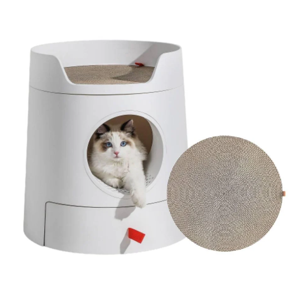 Michu XL Semi Closed Cat Litter Box with Scratch Pad showcasing a cat relaxing inside the stylish design.