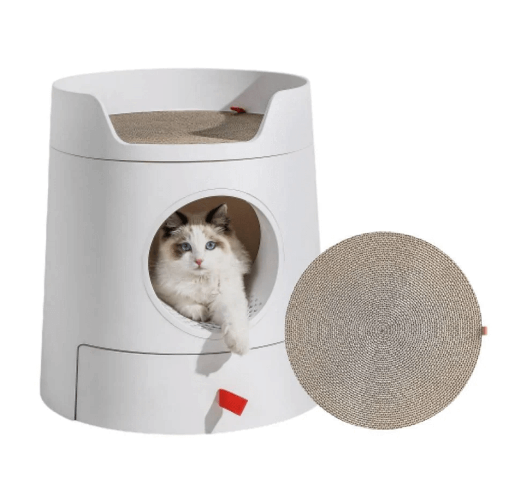Michu XL Castle 2-in-1 Semi- Closed Cat Litter Box with Scratch Pad in Morandi Green/White-Petroom
