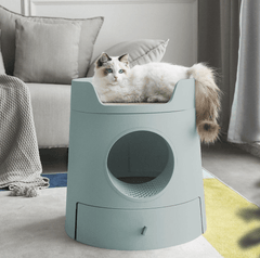 Michu XL Castle 2-in-1 Semi- Closed Cat Litter Box with Scratch Pad in Morandi Green/White-Petroom