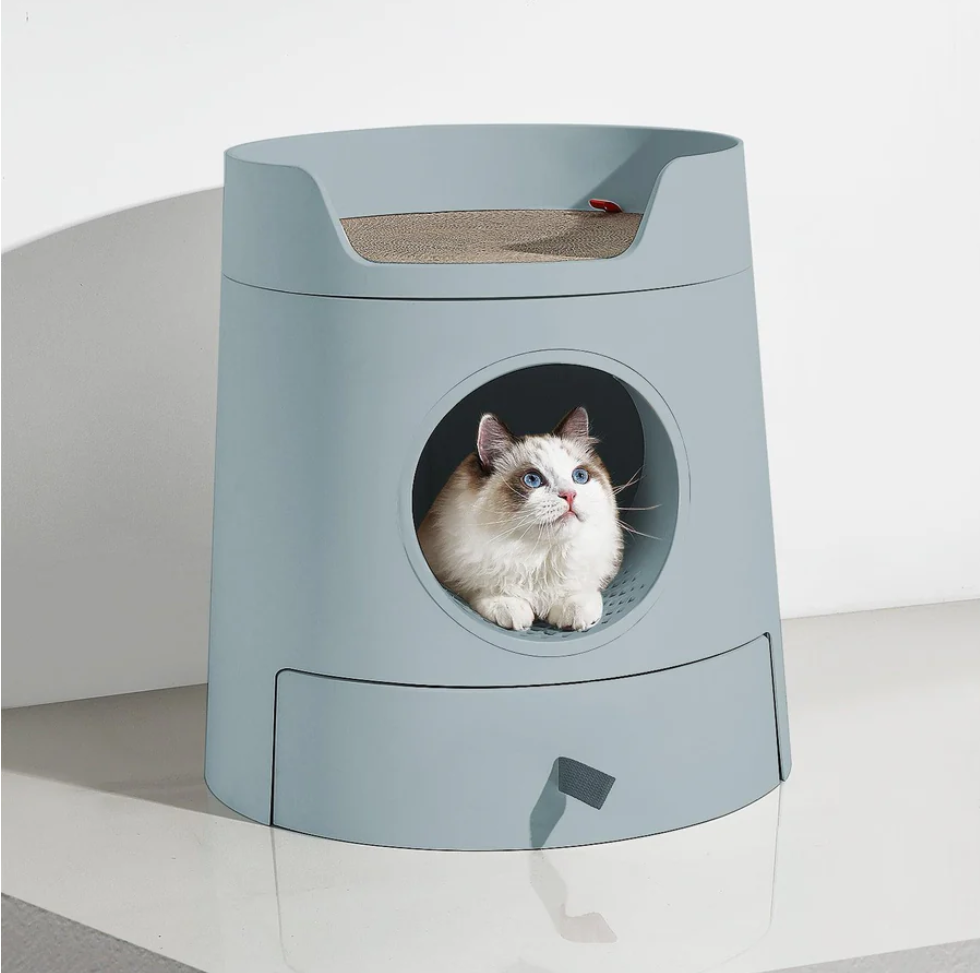 Michu XL Semi Closed Cat Litter Box with Scratch Pad featuring a cat in a stylish blue design.