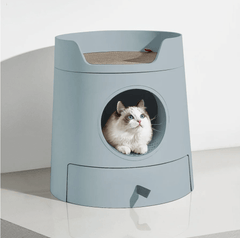 Michu XL Castle 2-in-1 Semi- Closed Cat Litter Box with Scratch Pad in Morandi Green/White-Petroom