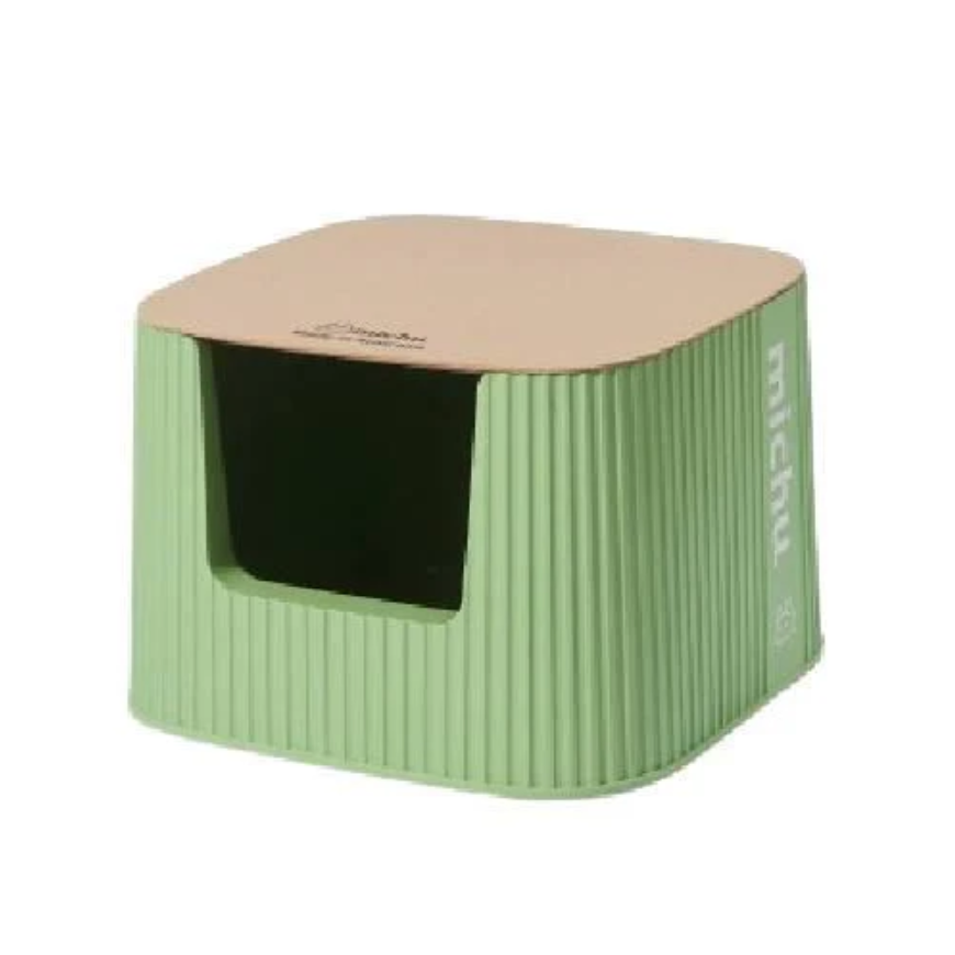 Michu XXL Deluxe Cat Litter Box with green design and tan lid, includes scoop and minimizes tracking.