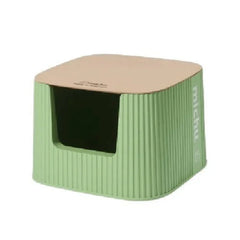Michu XXL Deluxe Cat Litter Box with green design and tan lid, includes scoop and minimizes tracking.