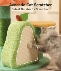 Fluffy cat scratching avocado-shaped cat scratcher with sisal surface, cute pet toy for indoor cats