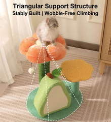 Floral cat tree with triangular support, wobble-free climbing platform for cats, featuring scratcher and cozy perch.