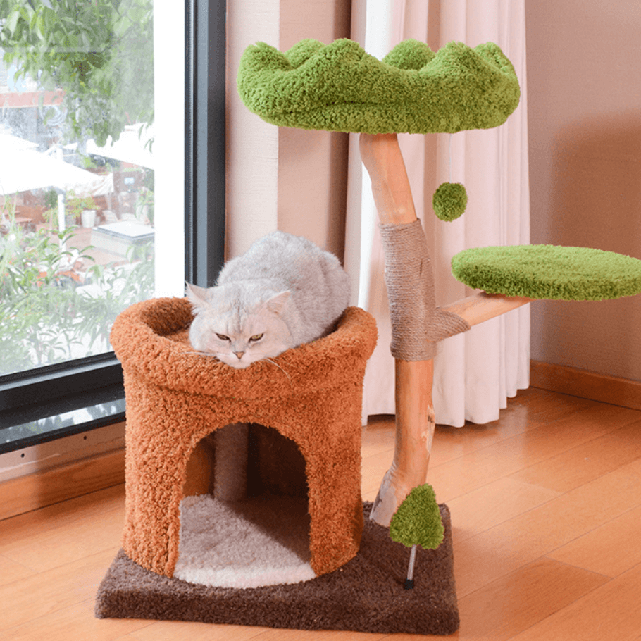 Natural Wood Cat Tree with Cozy Hideaway-Petroom