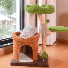 Natural Wood Cat Tree with Cozy Hideaway-Petroom