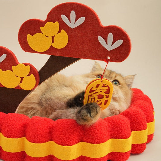 Cat lying on a red and yellow pet bed with a decorative cloud above