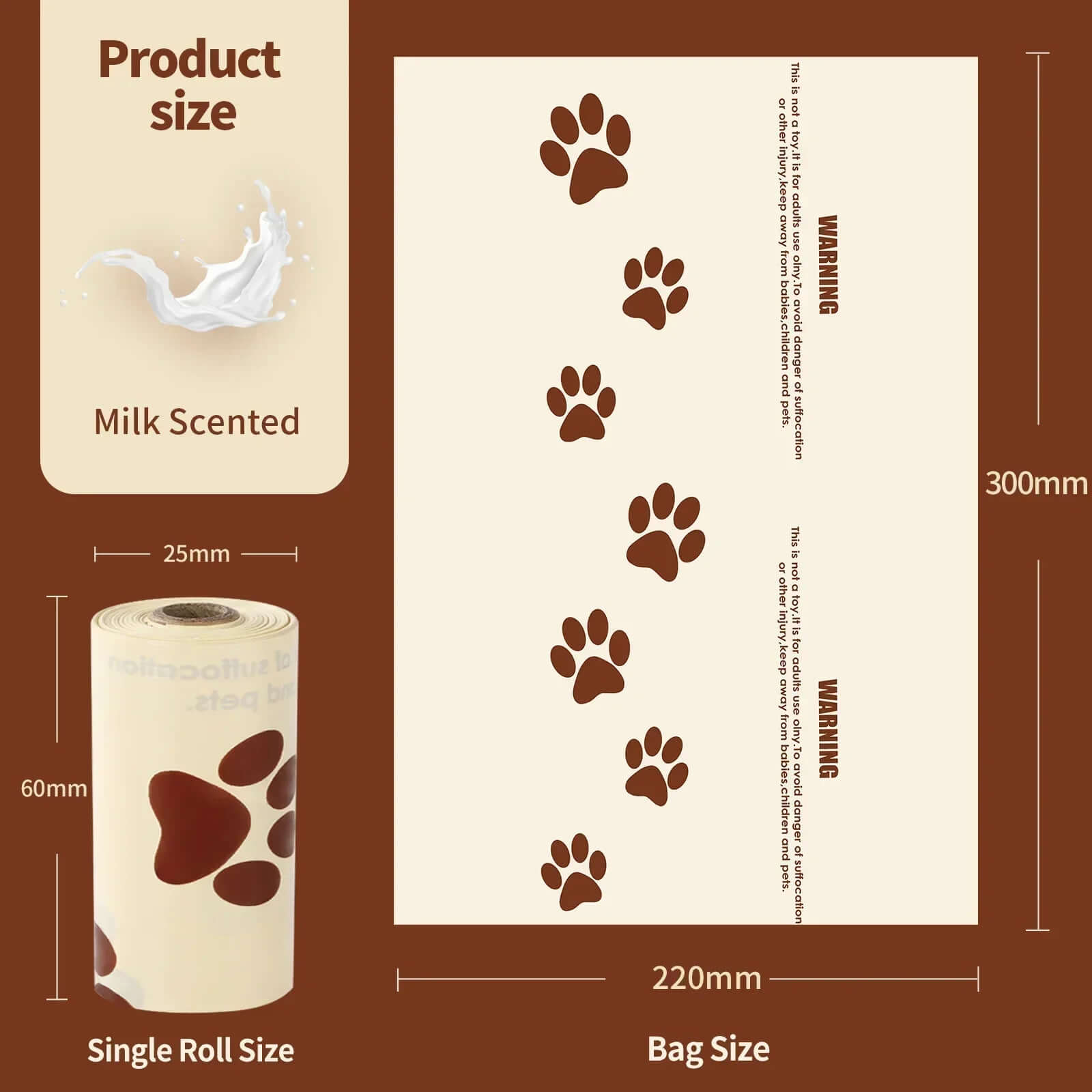 6 Roll Eco-Friendly Dog Poo Bag Refill Roll with milk scent, showing size dimensions and paw print design.
