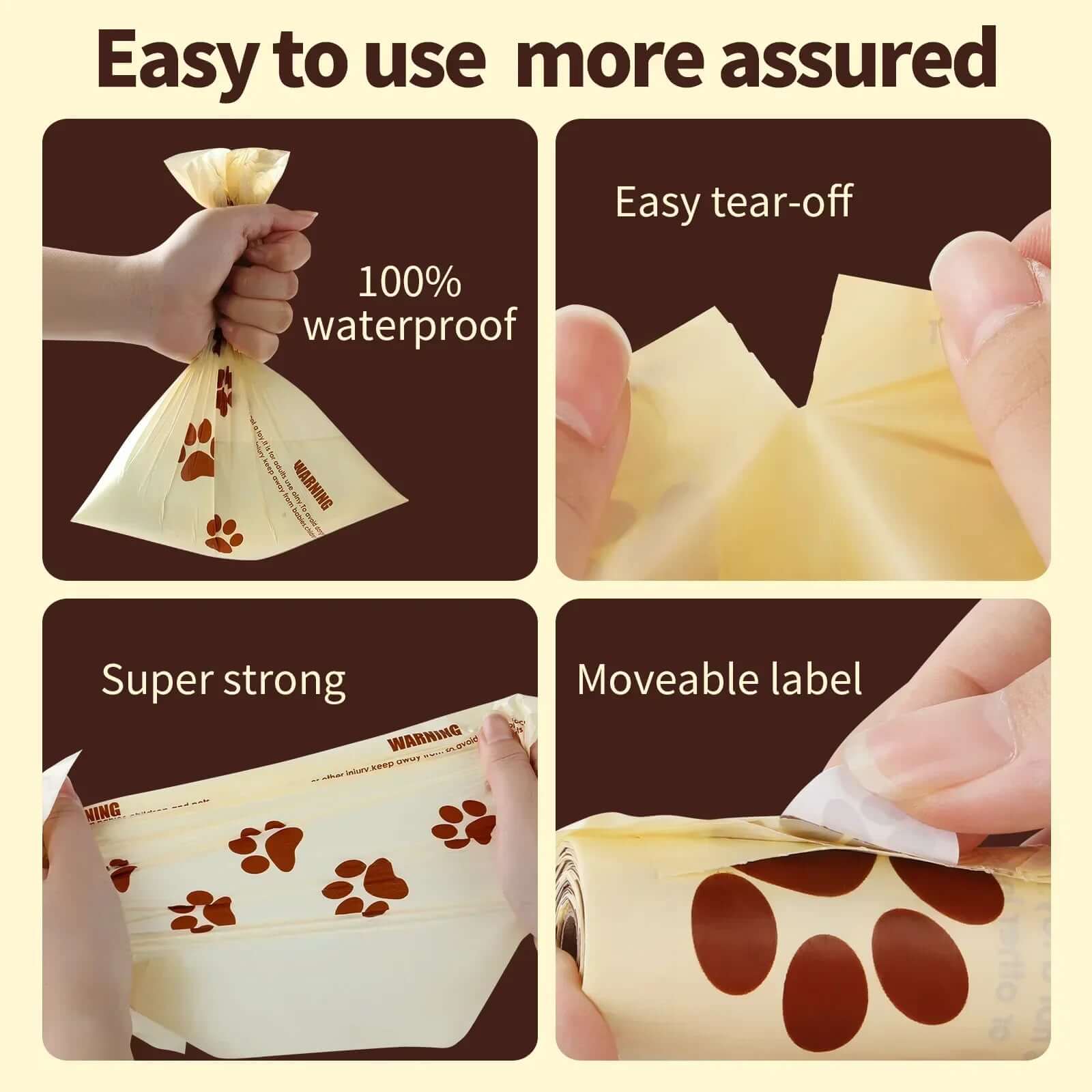 6 Roll Eco-Friendly Dog Poo Bag Refill Roll features easy tear-off, waterproof, super strong, and moveable label.