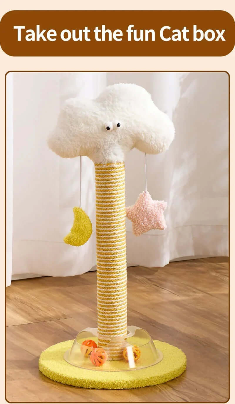 Cloud-shaped cat scratching post with hanging moon and star toys, perfect for playful cats