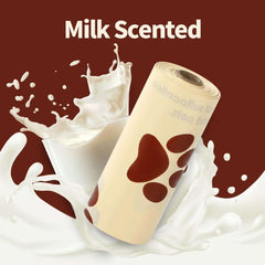 Milk-scented pet mat with paw print design, surrounded by splashing milk for cats and dogs