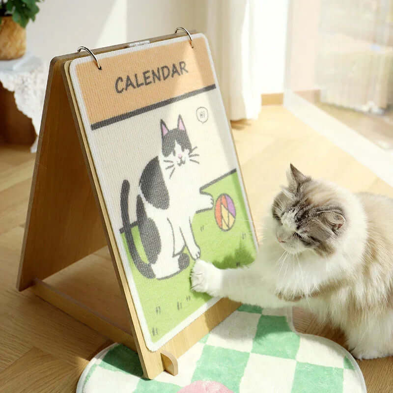 Fluffy cat playing with cute cat-themed calendar on wooden stand, perfect pet room decor for cat lovers