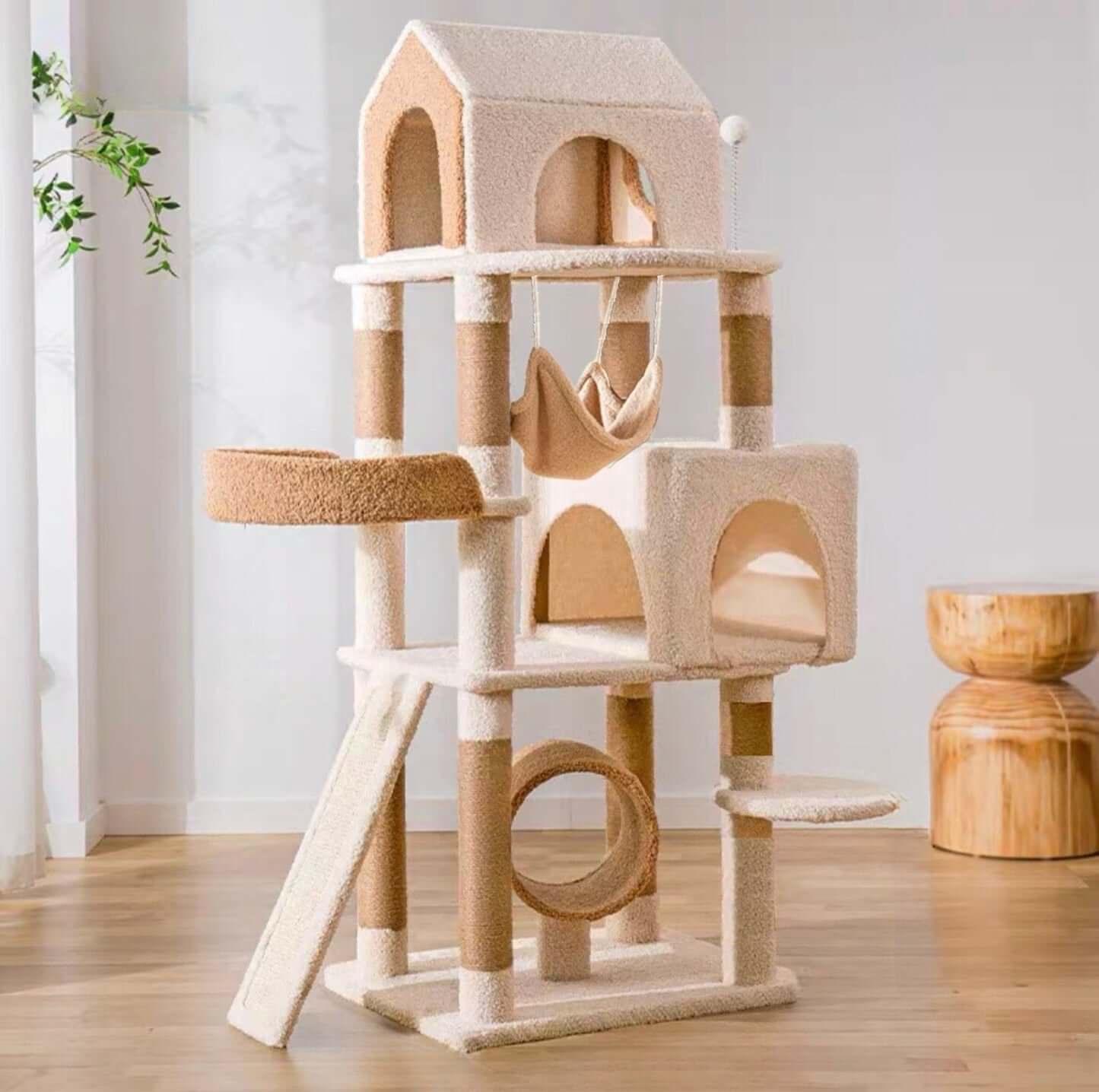 Ona’s Cottage Premium Multi-Level Cat Tower with Cat Scratching Posts in a stylish home setting.