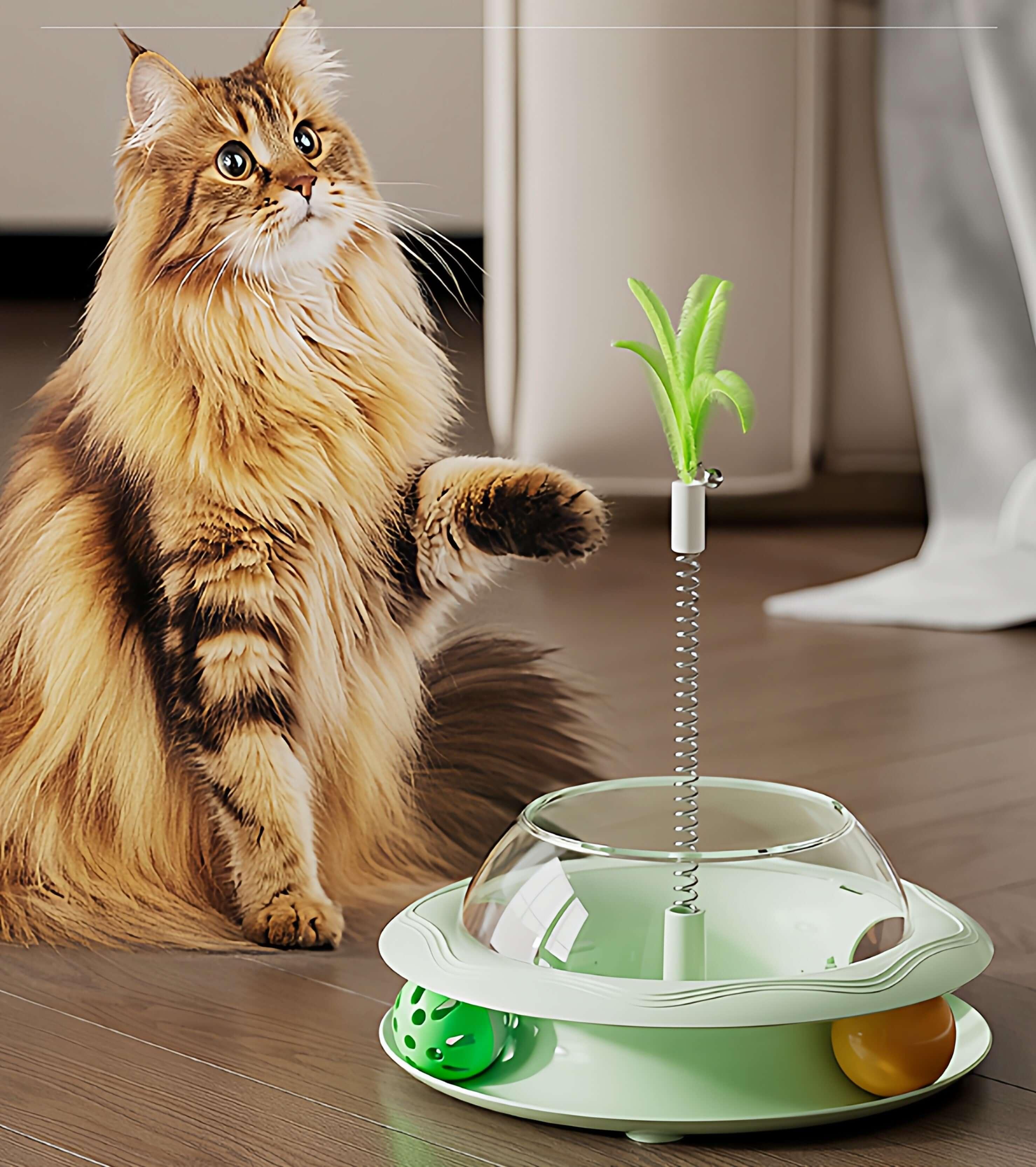 Interactive Cat Treat Dispenser Toy – 3-in-1 Cat Teaser Wand, Spinning Turntable & Food Puzzle Ball-PETROOM