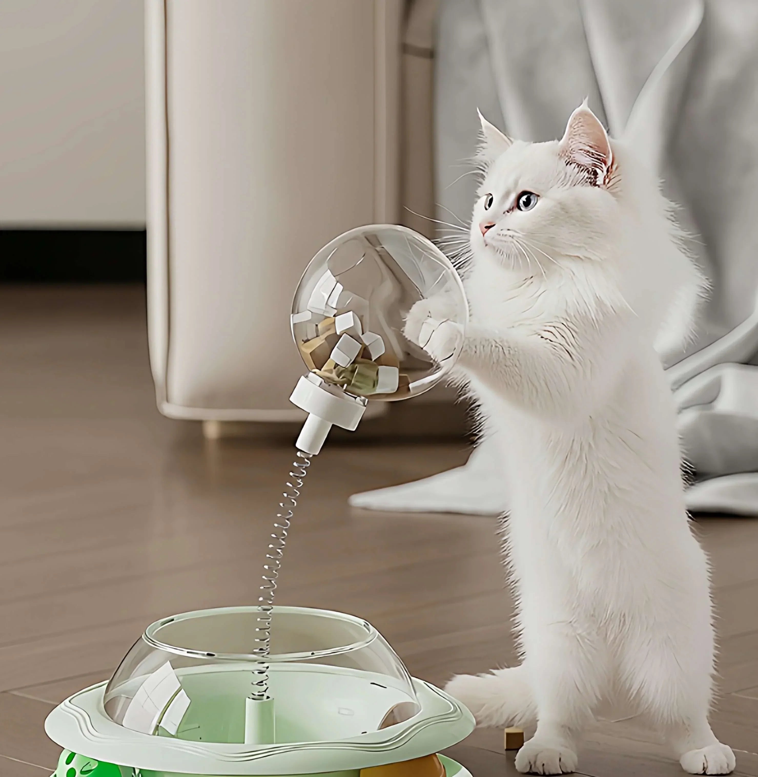 White cat playing with interactive puzzle feeder toy for mental stimulation and fun