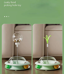 Interactive cat toy with leaky food dispenser and feather wand, perfect for indoor play and mental stimulation.