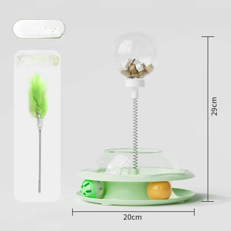 Interactive Cat Treat Dispenser Toy – 3-in-1 Cat Teaser Wand, Spinning Turntable & Food Puzzle Ball-PETROOM