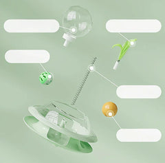 Interactive cat toy with clear dome, spring, and dangling feather for indoor play and mental stimulation