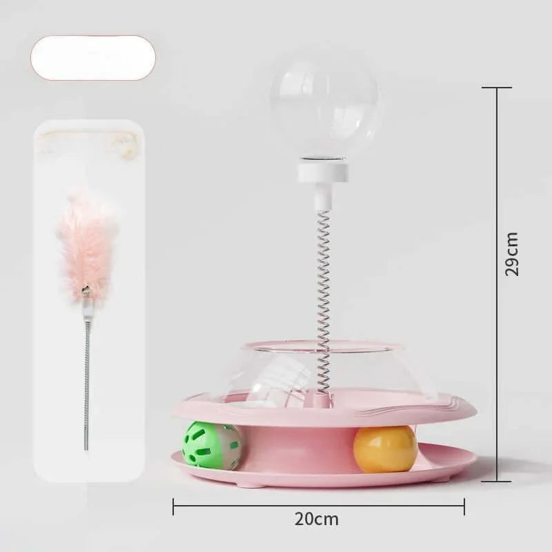Pink cat toy with spring, clear dome, and balls, 29cm tall, includes feather wand accessory