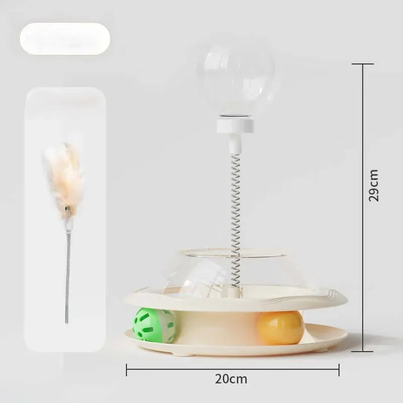 Interactive cat toy with spring wand, feather teaser, and ball track, 29cm tall for indoor play