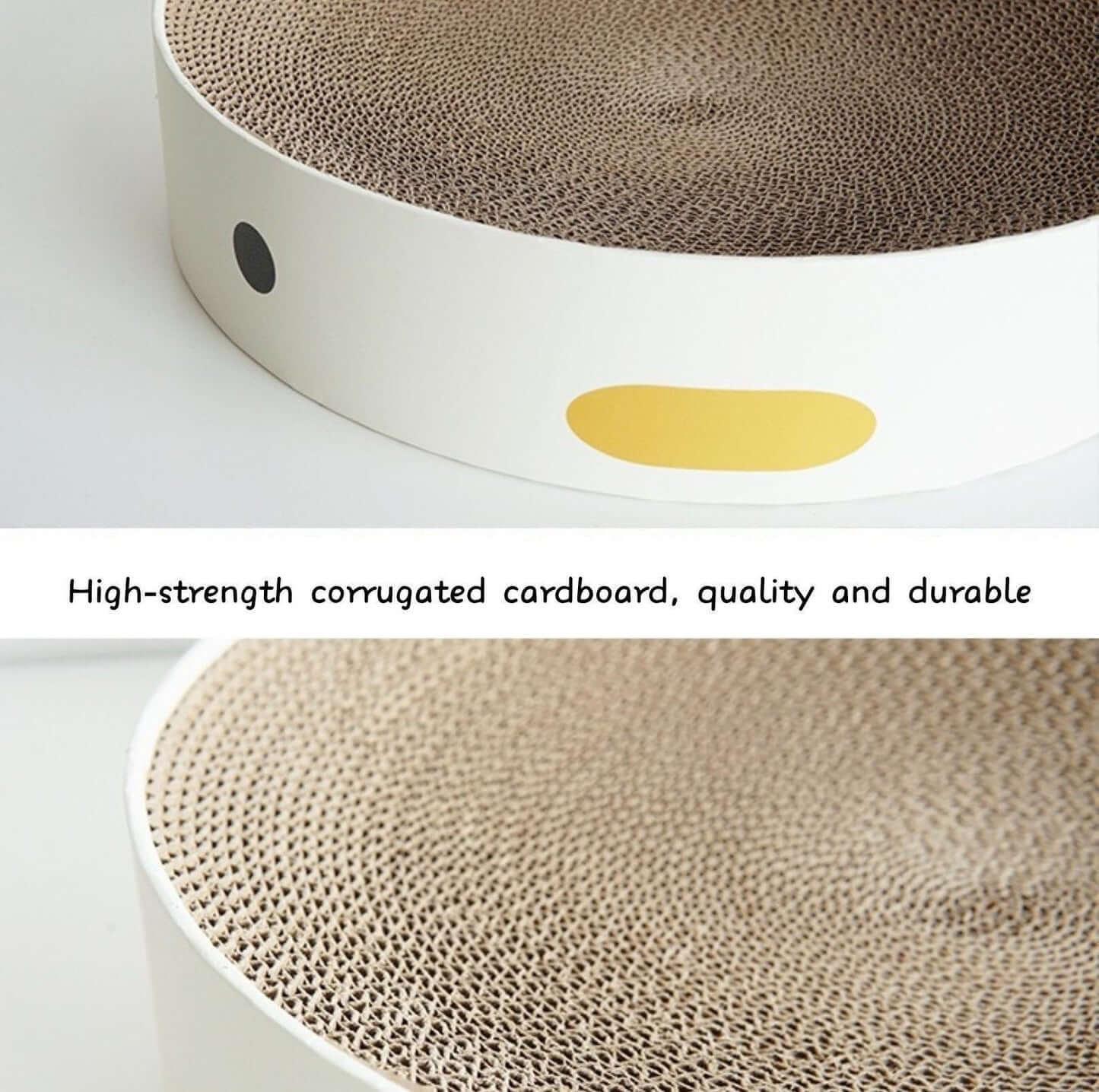 Durable corrugated cardboard cat scratcher with white frame and yellow accent, ideal for pet supplies.