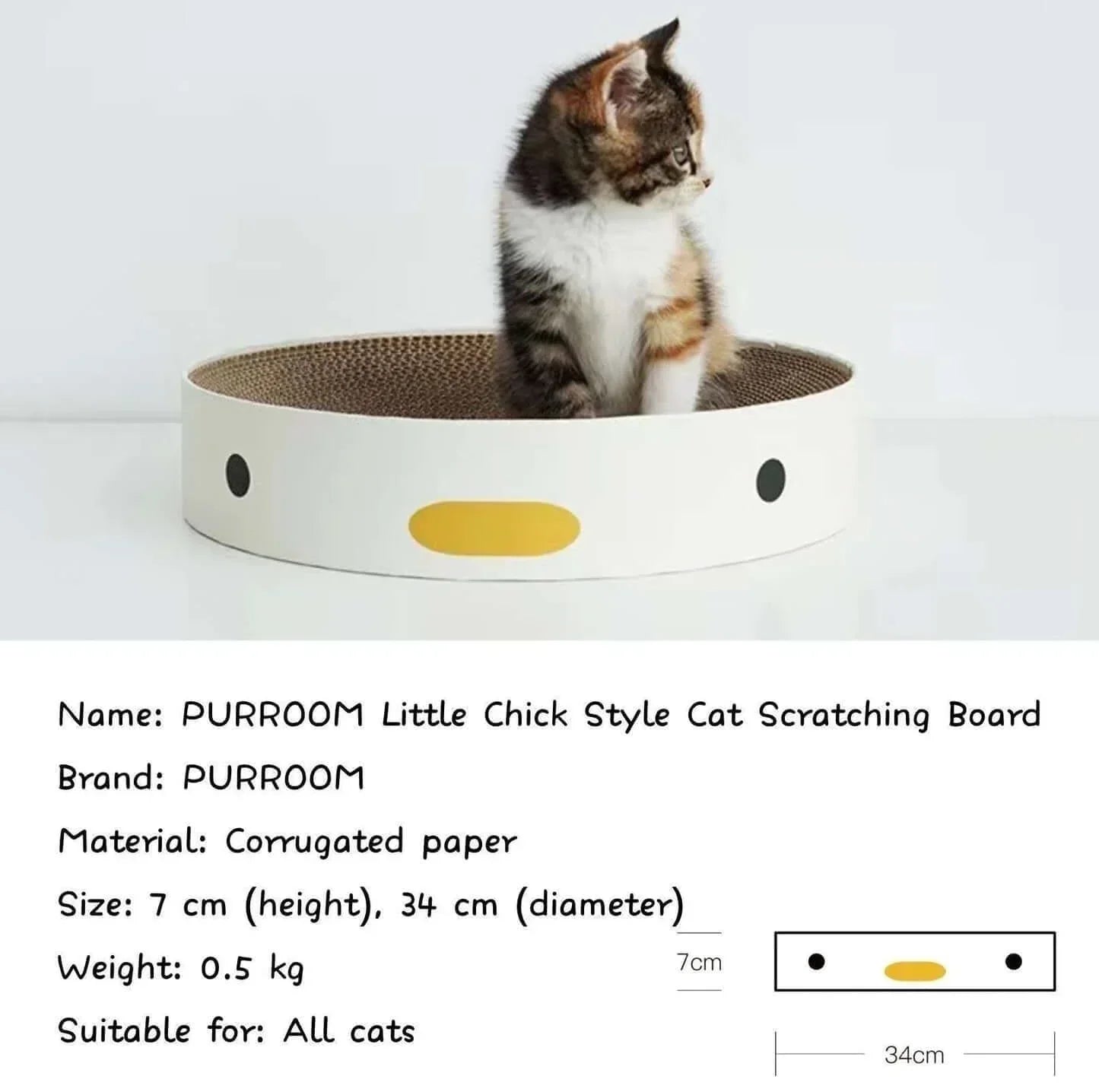 Adorable kitten in cute chick-style corrugated paper cat scratcher, perfect for all cats