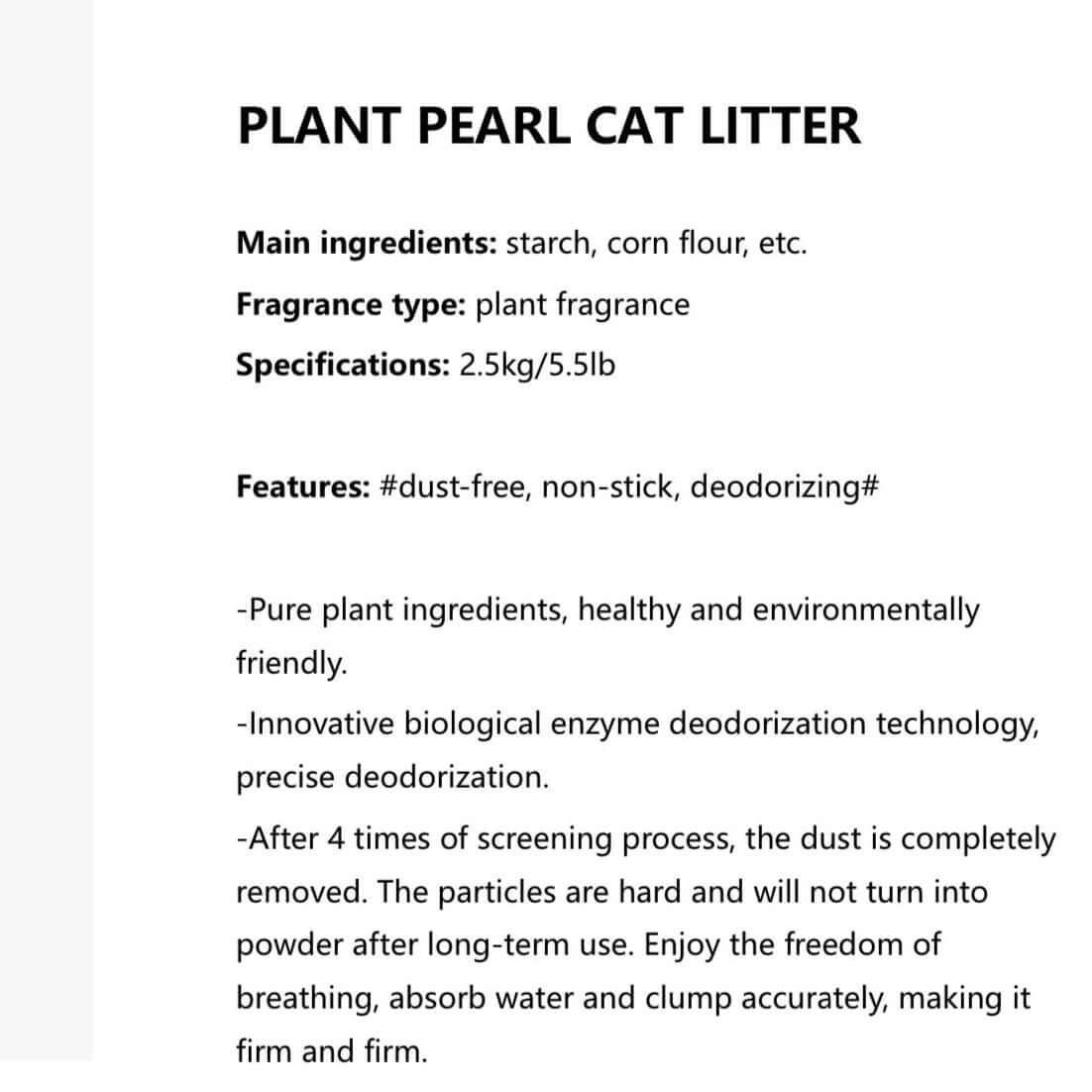 Plant Pearl Cat Litter with dust-free, non-stick, deodorizing features, made from starch and corn flour, 2.5kg