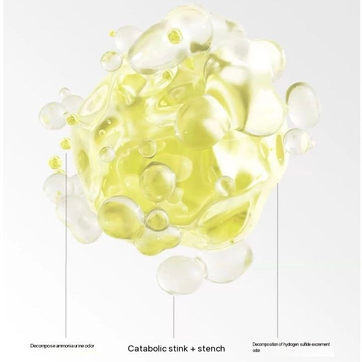 Yellow liquid bubbles breaking down pet odors like ammonia and hydrogen sulfide for fresh air