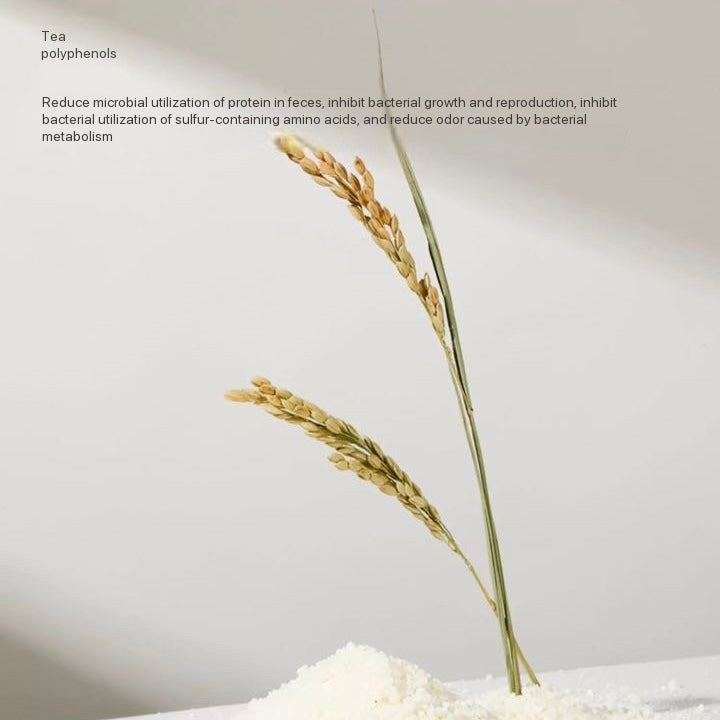 Tea polyphenols for pet odor control, shown with wheat stalks and powder
