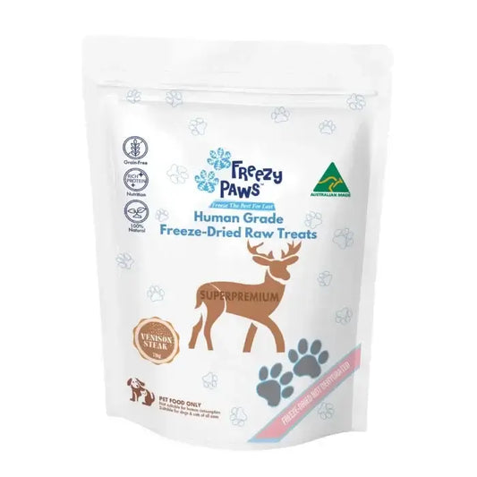 Freezy Paws Freeze Dried Venison Pet Treat 70g - freeze dried cat treats packaging with Australian venison steak.