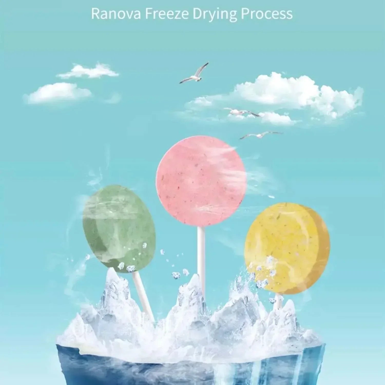Ranova freeze-dried pet treats in pink, green, yellow on icy base under sky with birds