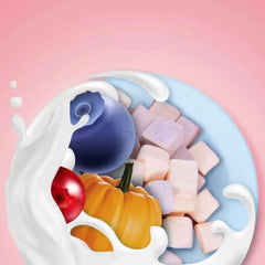 Blueberry, cherry, pumpkin, and yogurt cubes in milk splash, pet treat ingredients