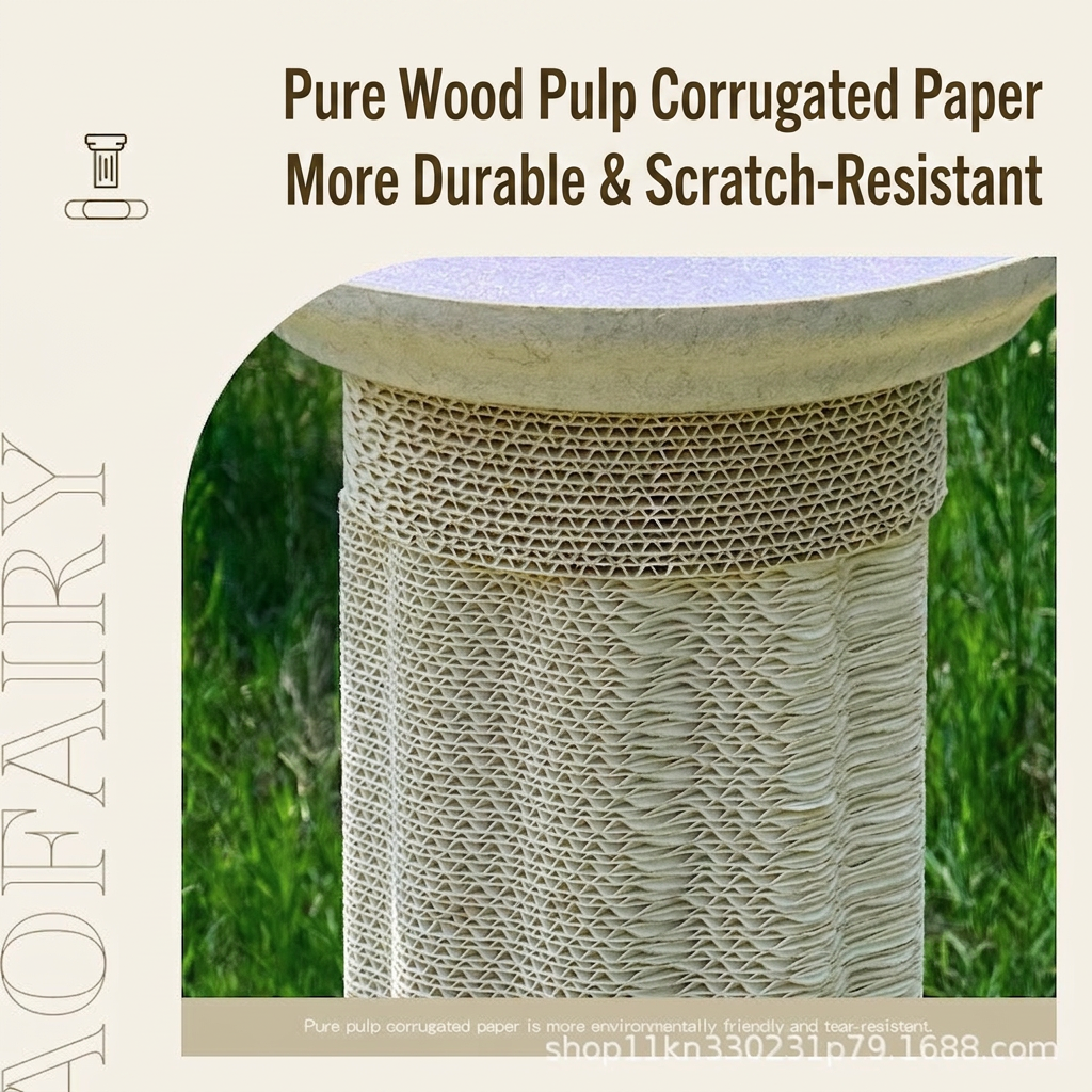Roman Column Aesthetic Corrugated Cat Scratching Post made of pure wood pulp corrugated paper for durability.