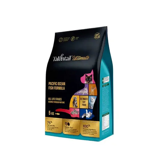 Talentail Ultimate Cat Pacific Ocean Fish Dry Cat Food bag showcasing premium ingredients and key benefits.