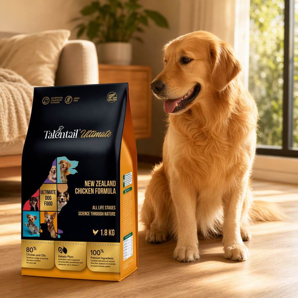 Talentail Ultimate New Zealand Chicken Dry Dog Food 5kg bag with a golden retriever in a cozy home setting.