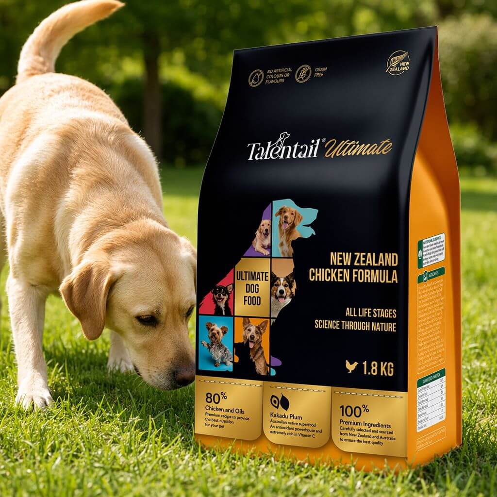 Talentail Ultimate New Zealand Chicken Dry Dog Food 5kg bag with dog sniffing in outdoor setting.
