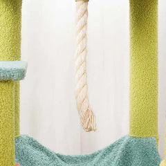 Detail of a Petroom cat tower with lime green plush posts and a hanging sisal rope toy.