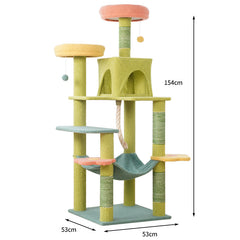 Tall Cat Tree Multi-Level Aesthetic Cat Tower with Sisal Posts 154cm featuring colorful perches, scratching posts, and a hammock.