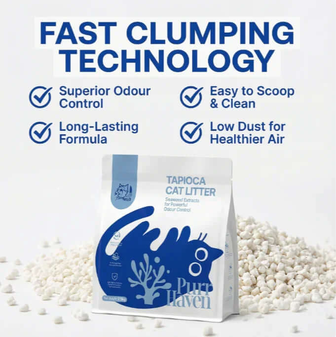 Tapioca cat litter with fast clumping technology, low dust, and superior odor control for healthier air