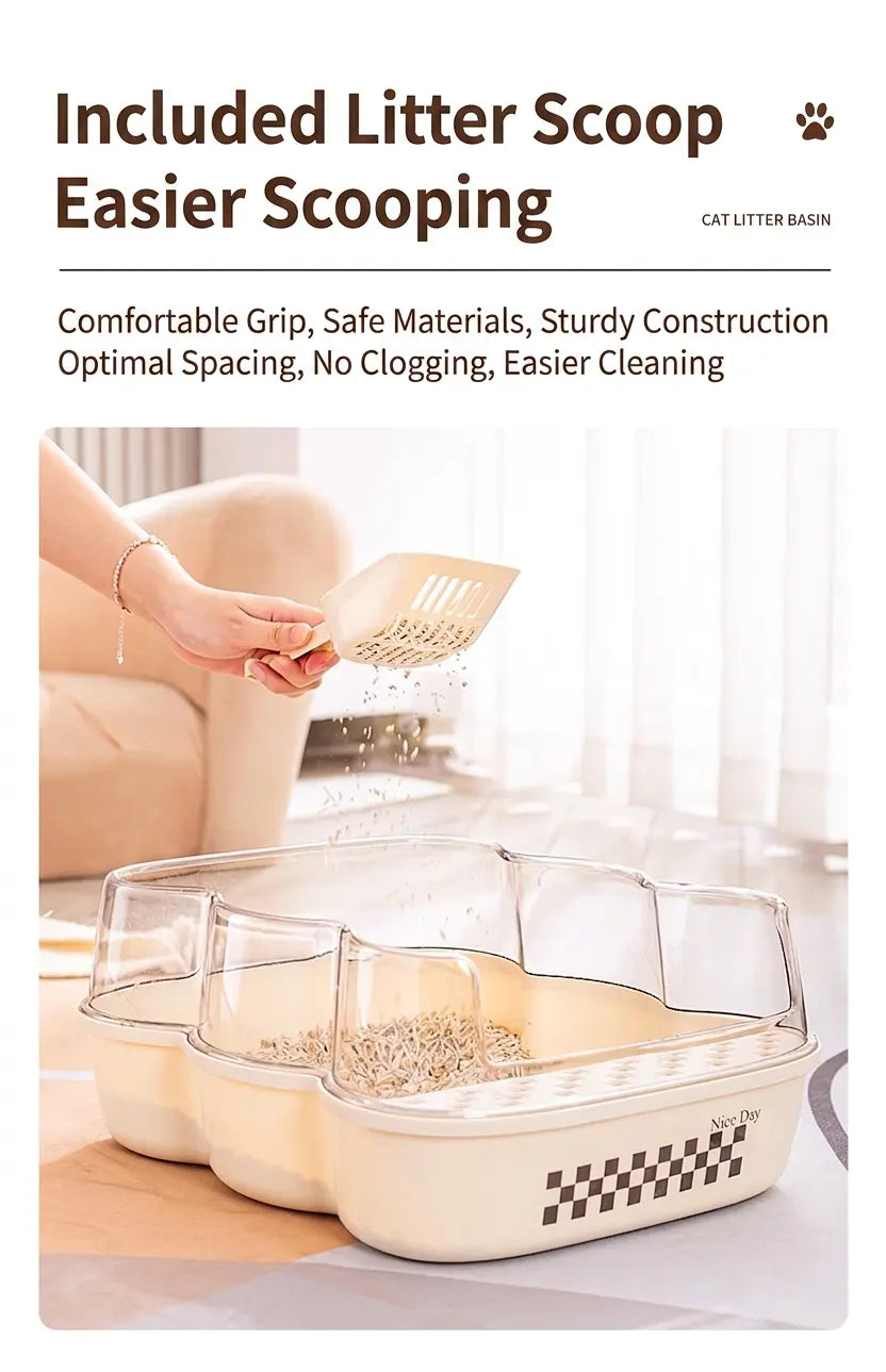 Transparent Semi-Enclosed Large Cat Litter Tray with Scoop, featuring included scoop for easier cleaning.