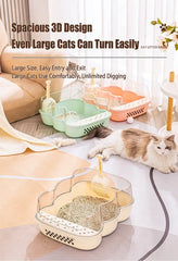 Transparent Semi-Enclosed Large Cat Litter Tray with Scoop in a spacious 3D design for large cats to turn easily.