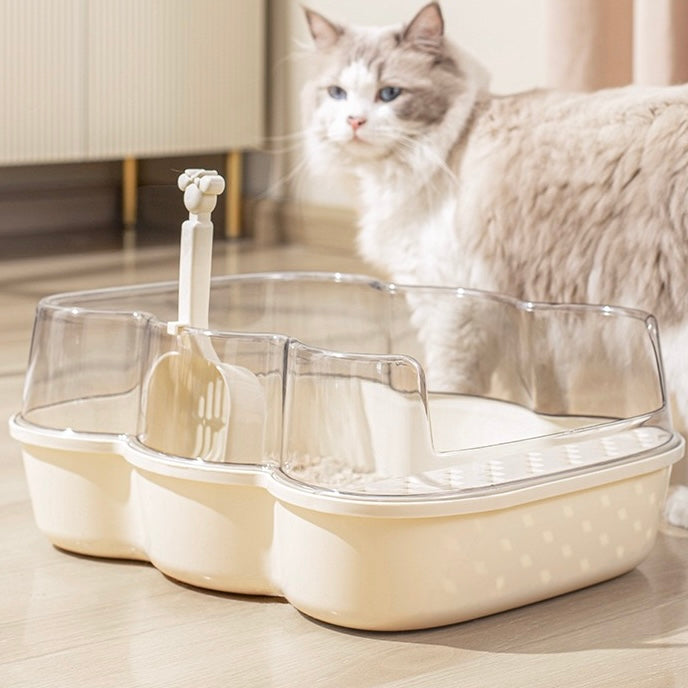 Transparent Semi-Enclosed Large Cat Litter Tray with Scoop placed next to a cat in a bright room.